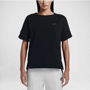 Nike Tech Women’s Large Fleece Short Sleeve Sweatshirt Black Activewear NEW